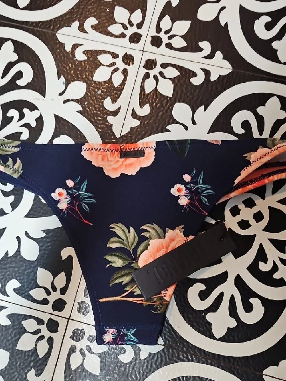 triangl swimwear Navy Floral Bikini Bottom with Orange Trim
